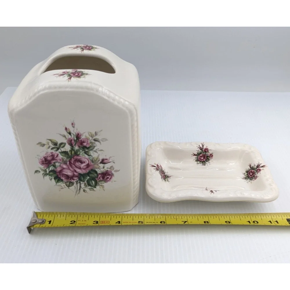 Athena California Pottery Roses Floral Rose Rhapsody Tissue Box Holder Soap Dish